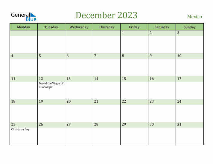 December 2023 Calendar with Mexico Holidays