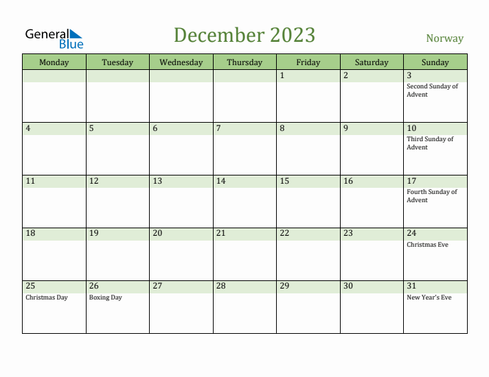 December 2023 Calendar with Norway Holidays