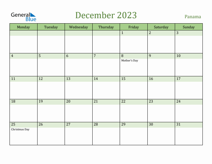 December 2023 Calendar with Panama Holidays