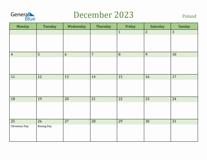 December 2023 Calendar with Poland Holidays