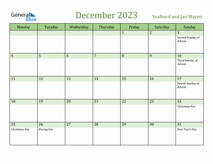 December 2023 Calendar with Svalbard and Jan Mayen Holidays