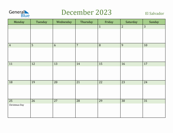 December 2023 Calendar with El Salvador Holidays