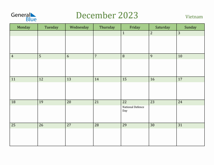 December 2023 Calendar with Vietnam Holidays