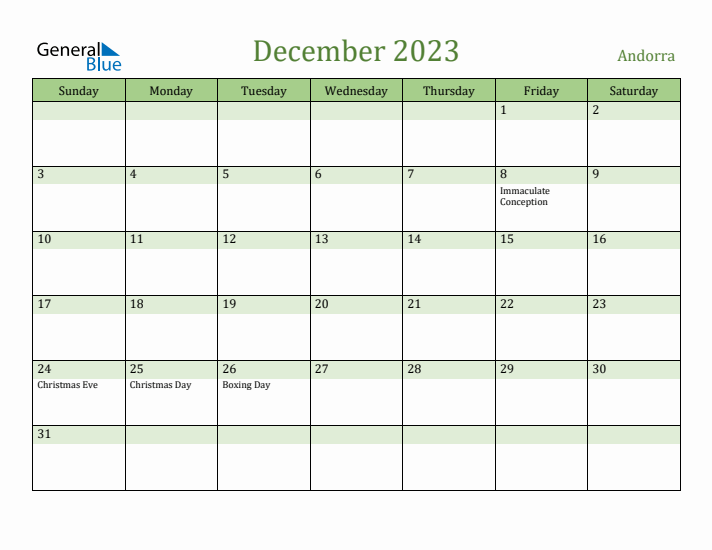 December 2023 Calendar with Andorra Holidays