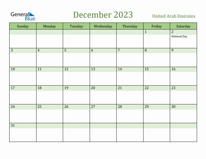 December 2023 Calendar with United Arab Emirates Holidays