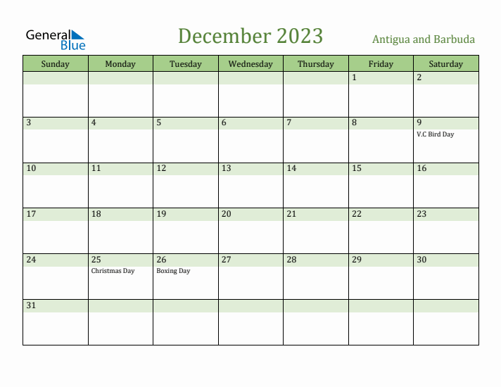 December 2023 Calendar with Antigua and Barbuda Holidays