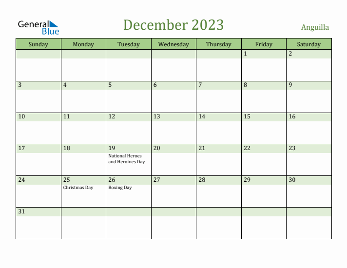 December 2023 Calendar with Anguilla Holidays