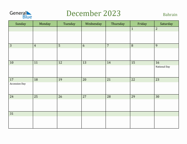 December 2023 Calendar with Bahrain Holidays