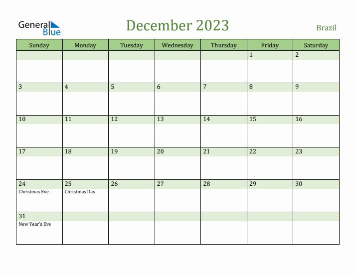 December 2023 Calendar with Brazil Holidays