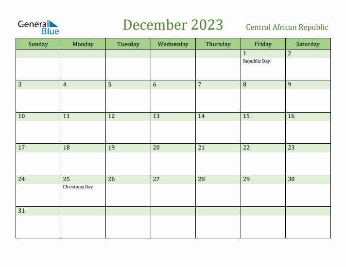 December 2023 Calendar with Central African Republic Holidays