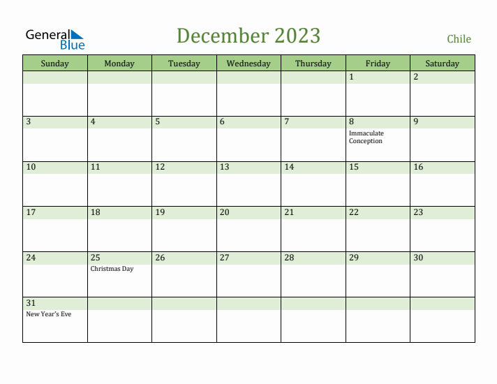 December 2023 Calendar with Chile Holidays