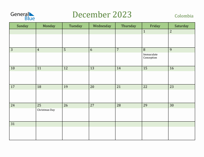 December 2023 Calendar with Colombia Holidays