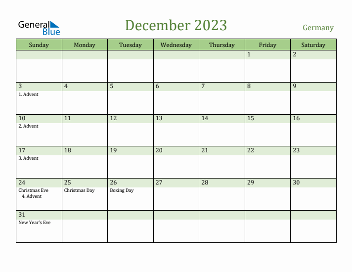 December 2023 Calendar with Germany Holidays