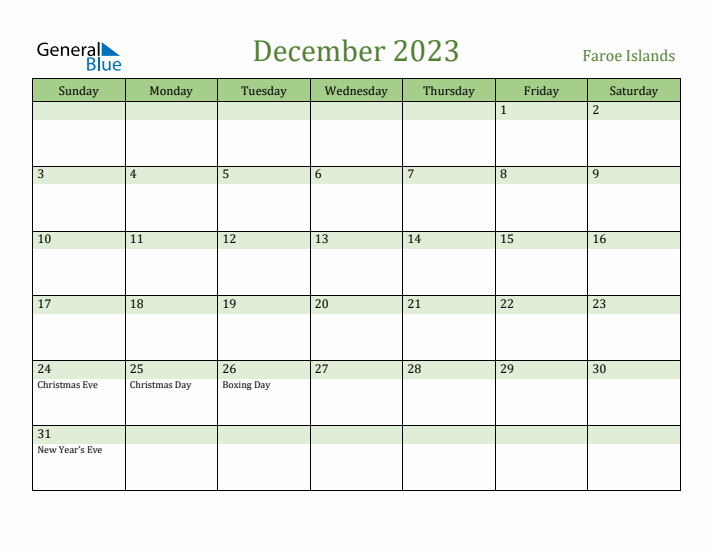 December 2023 Calendar with Faroe Islands Holidays