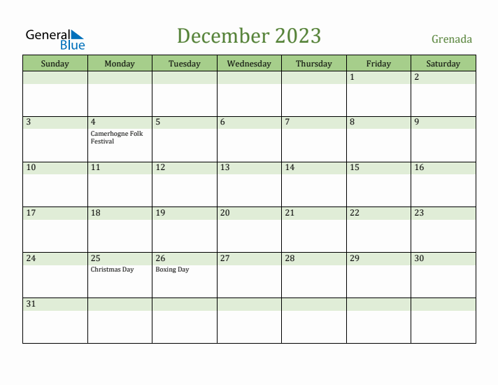 December 2023 Calendar with Grenada Holidays