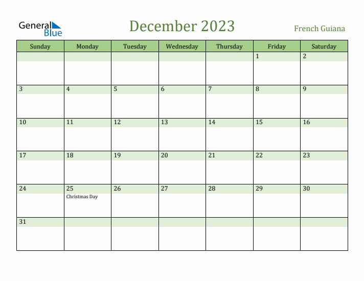 December 2023 Calendar with French Guiana Holidays