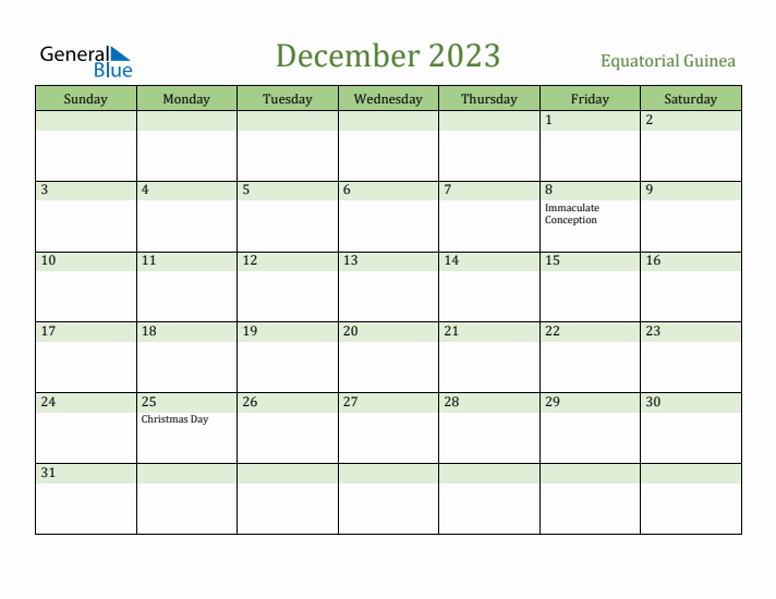 December 2023 Calendar with Equatorial Guinea Holidays