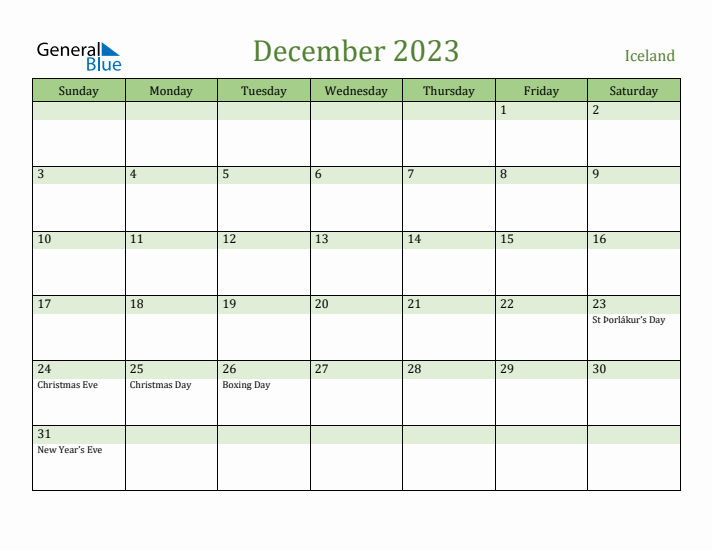 December 2023 Calendar with Iceland Holidays