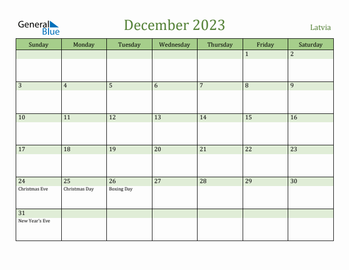 December 2023 Calendar with Latvia Holidays