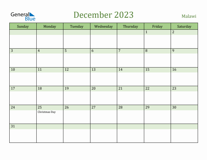 December 2023 Calendar with Malawi Holidays