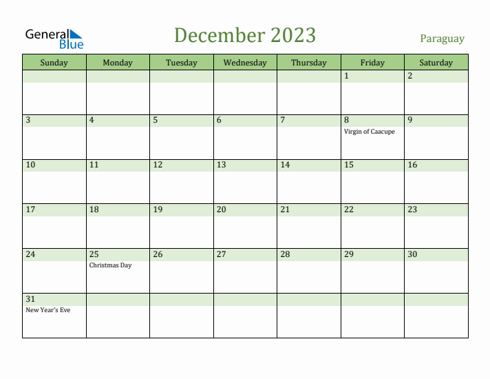 December 2023 Calendar with Paraguay Holidays