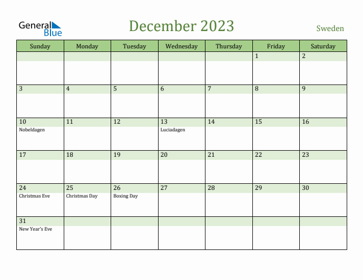 December 2023 Calendar with Sweden Holidays