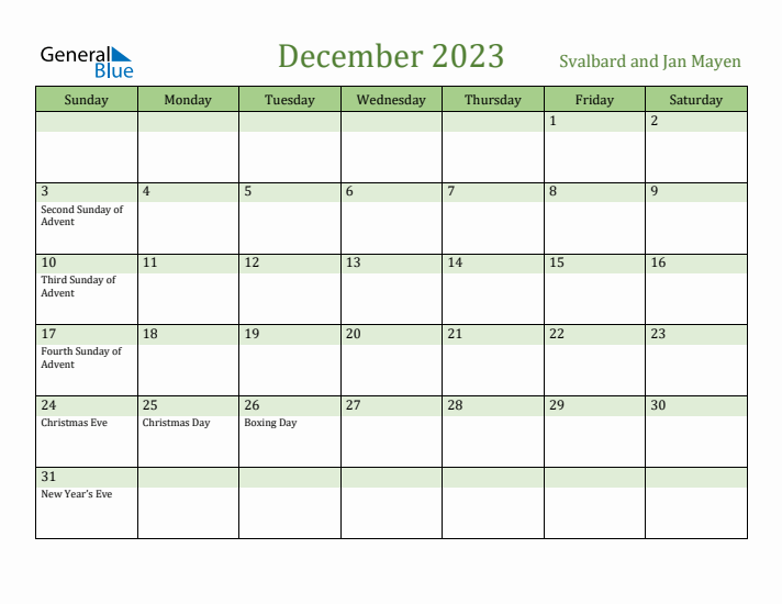 December 2023 Calendar with Svalbard and Jan Mayen Holidays