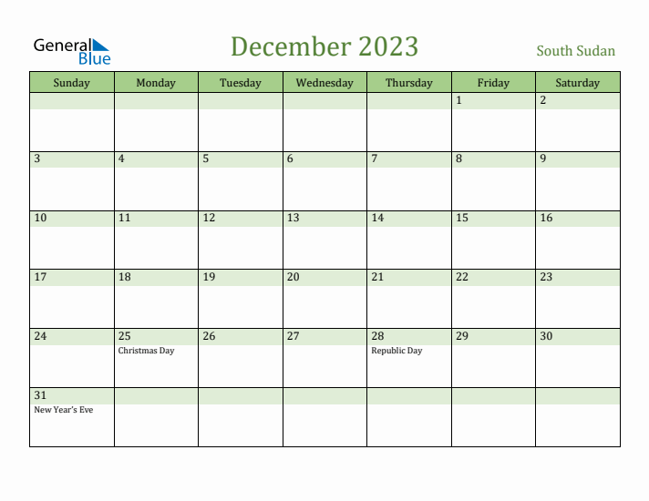 December 2023 Calendar with South Sudan Holidays