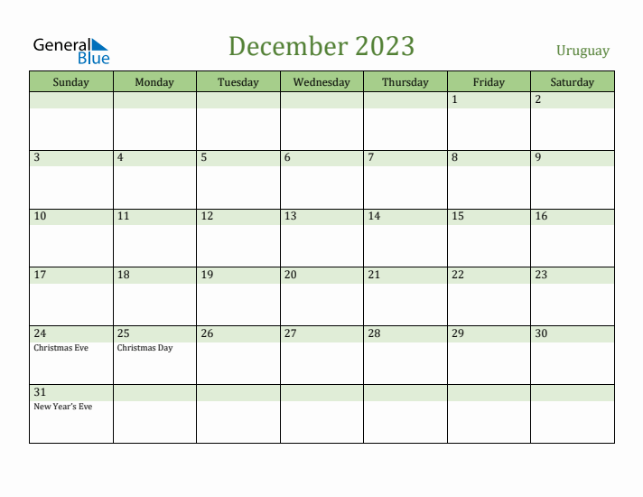 December 2023 Calendar with Uruguay Holidays