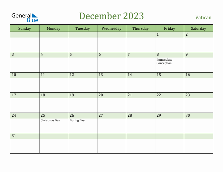 December 2023 Calendar with Vatican Holidays