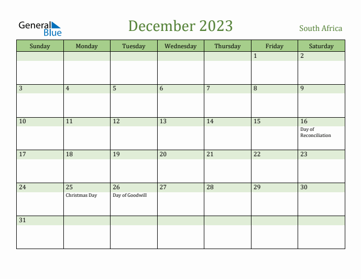 December 2023 Calendar with South Africa Holidays