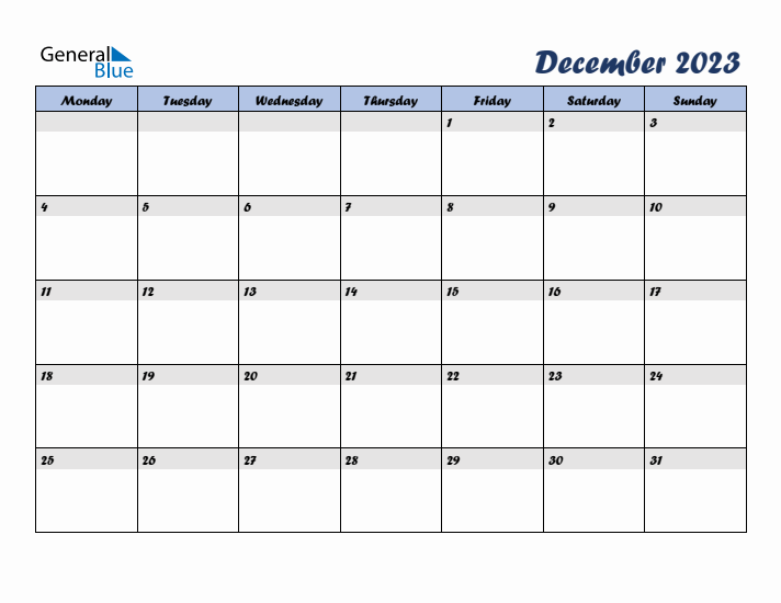 December 2023 Blue Calendar (Monday Start)