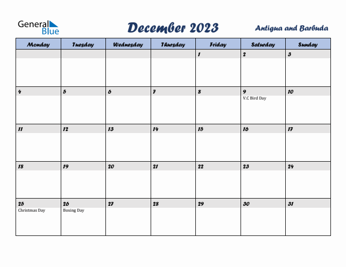 December 2023 Calendar with Holidays in Antigua and Barbuda