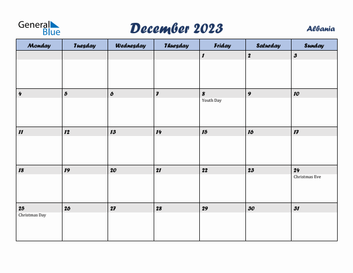 December 2023 Calendar with Holidays in Albania