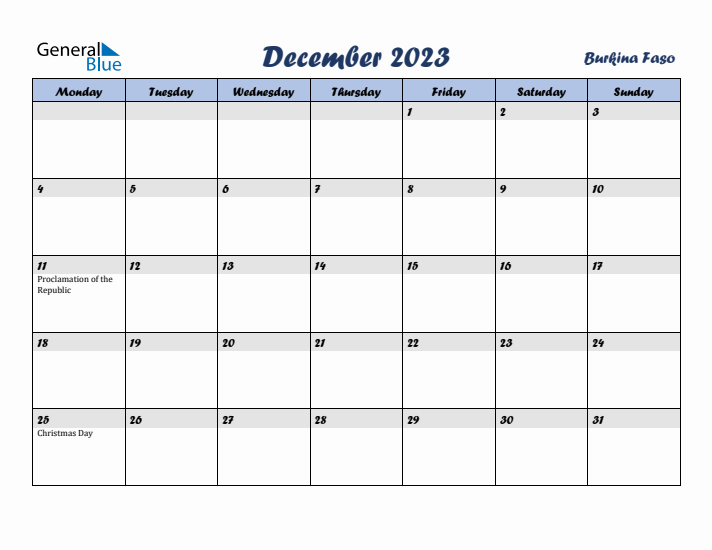 December 2023 Calendar with Holidays in Burkina Faso