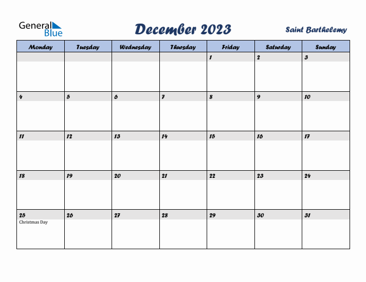 December 2023 Calendar with Holidays in Saint Barthelemy