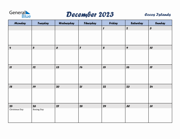 December 2023 Calendar with Holidays in Cocos Islands