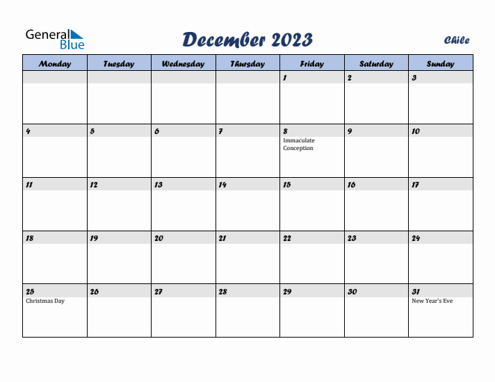 December 2023 Calendar with Holidays in Chile