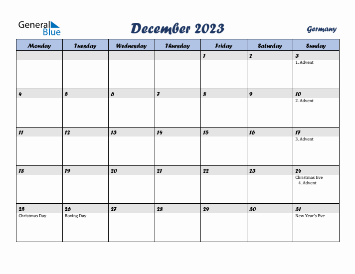 December 2023 Calendar with Holidays in Germany