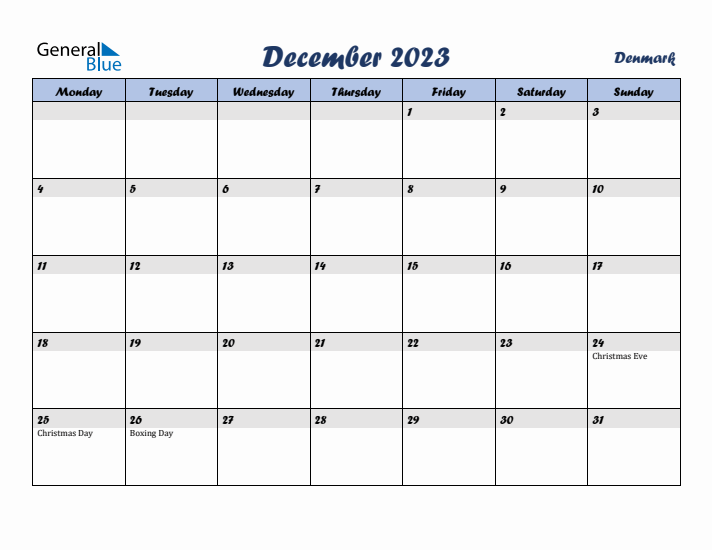 December 2023 Calendar with Holidays in Denmark