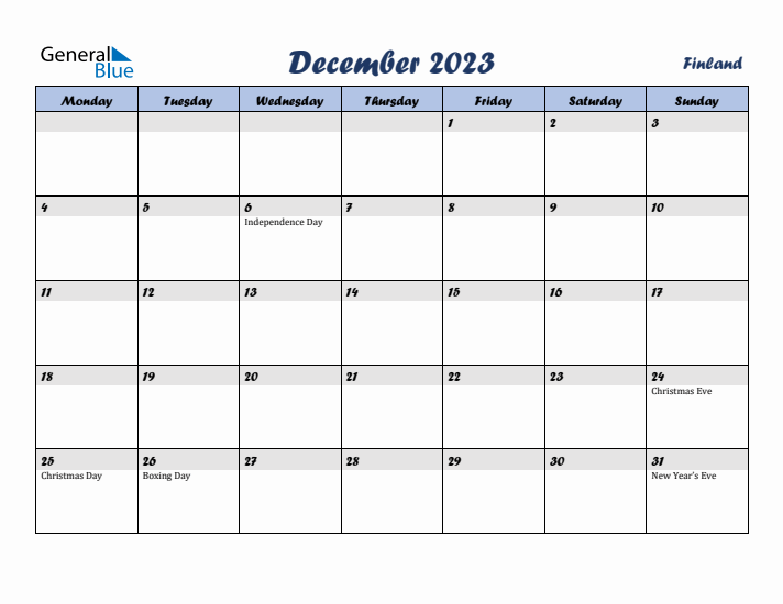 December 2023 Calendar with Holidays in Finland