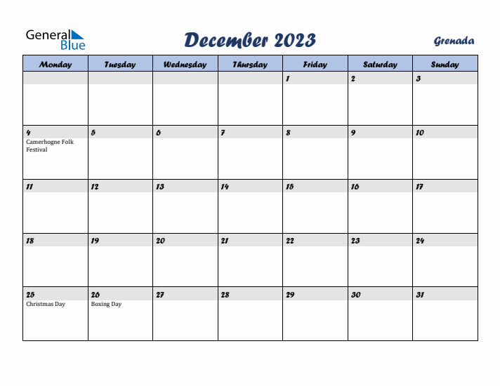 December 2023 Calendar with Holidays in Grenada