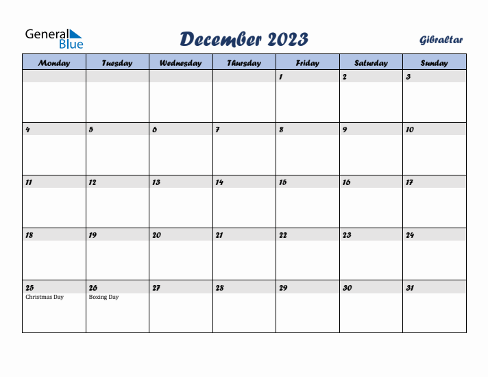 December 2023 Calendar with Holidays in Gibraltar