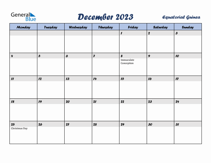 December 2023 Calendar with Holidays in Equatorial Guinea