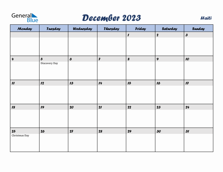 December 2023 Calendar with Holidays in Haiti