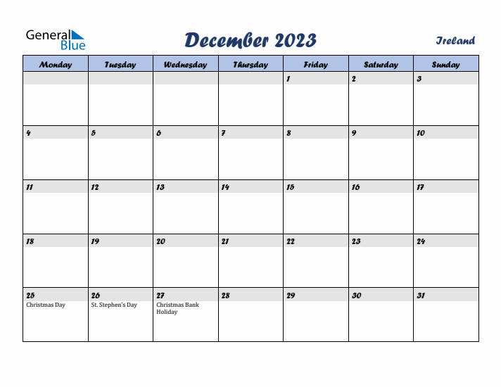 December 2023 Calendar with Holidays in Ireland