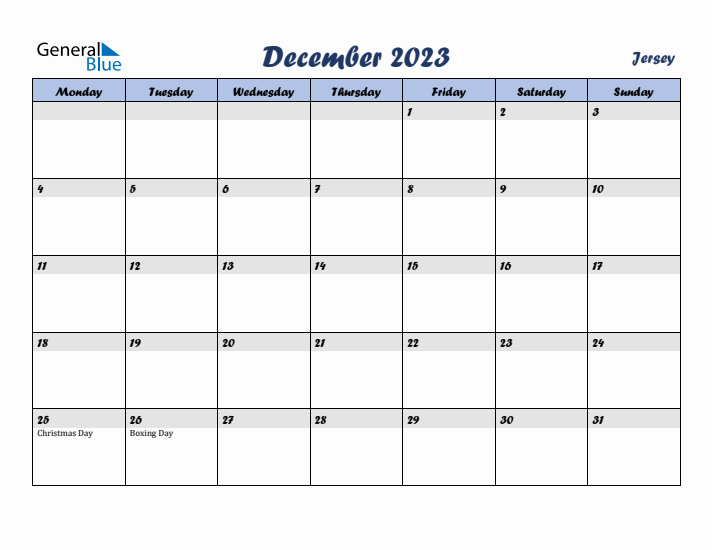 December 2023 Calendar with Holidays in Jersey