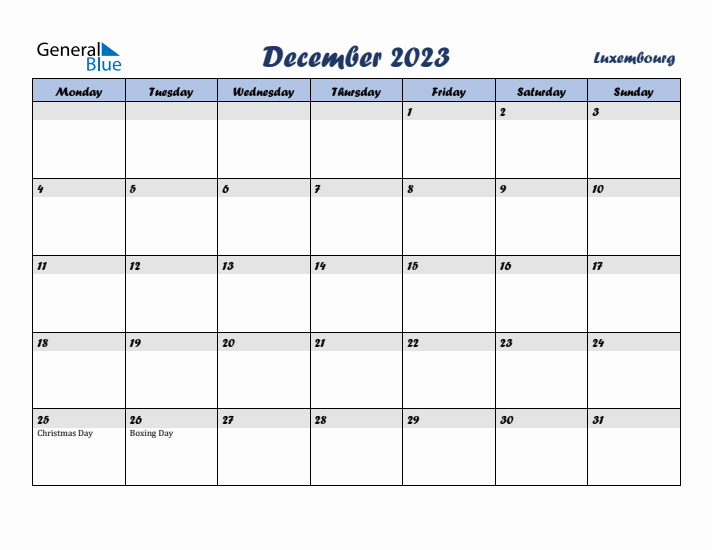 December 2023 Calendar with Holidays in Luxembourg