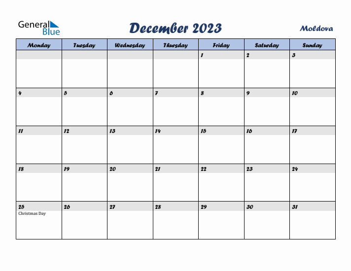 December 2023 Calendar with Holidays in Moldova