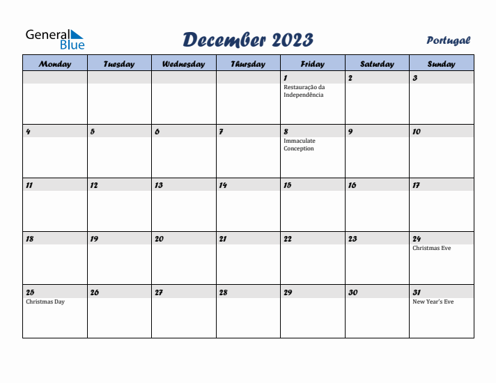 December 2023 Calendar with Holidays in Portugal